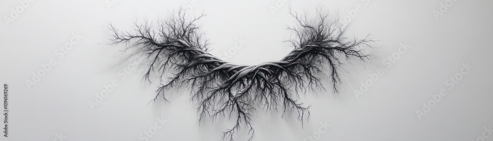 Abstract artwork resembling intricate tree roots or branches against a minimalist background.