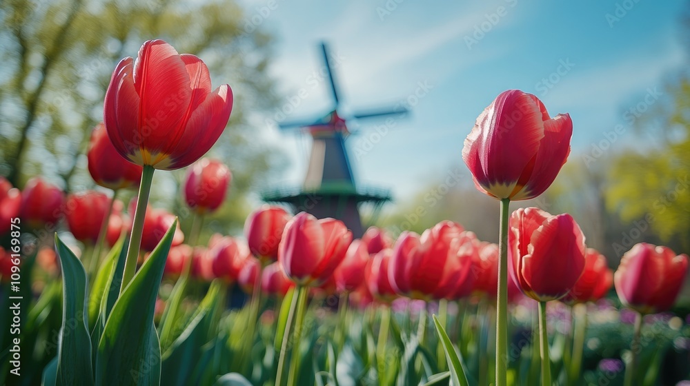 Fototapeta premium Lush red tulips foreground with traditional windmill backdrop under a bright blue sky, creating a picturesque spring landscape.