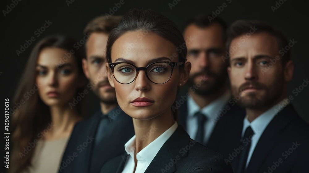 Group of modern business professionals in formal attire, focused gaze towards the camera, showcasing confidence and teamwork in a dark background setting. Group of modern business professionals in formal attire, focused gaze towards the camera, showcasing confidence and teamwork in a dark background setting.
