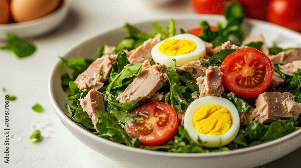 Fresh Salad with Tuna, Hard-Boiled Eggs, Cherry Tomatoes, and Greens Fresh Salad with Tuna, Hard-Boiled Eggs, Cherry Tomatoes, and Greens