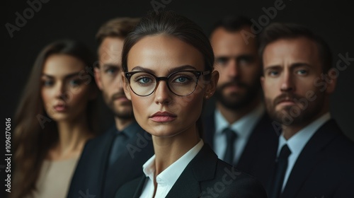 Group of modern business professionals in formal attire, focused gaze towards the camera, showcasing confidence and teamwork in a dark background setting.