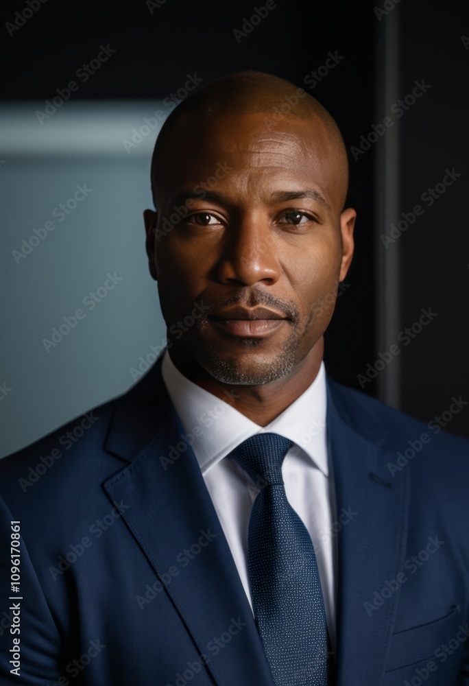 portrait of a confident man, wearing a formal navy blue suit and tie, smooth bald head, professional setting, dimly lit background, sharp focus, dramatic lighting, business theme, serious expression, portrait of a confident man, wearing a formal navy blue suit and tie, smooth bald head, professional setting, dimly lit background, sharp focus, dramatic lighting, business theme, serious expression,