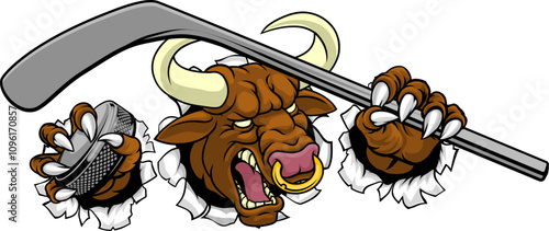 A bull or Minotaur monster longhorn cow angry mean ice hockey mascot cartoon character.