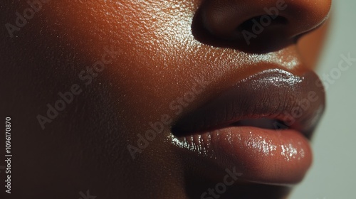 Close up Beauty portrait of african american woman with clean healthy dark skin on neutral background. Smiling dreamy beautiful afro haitstyle girl. Curly black hair. photo