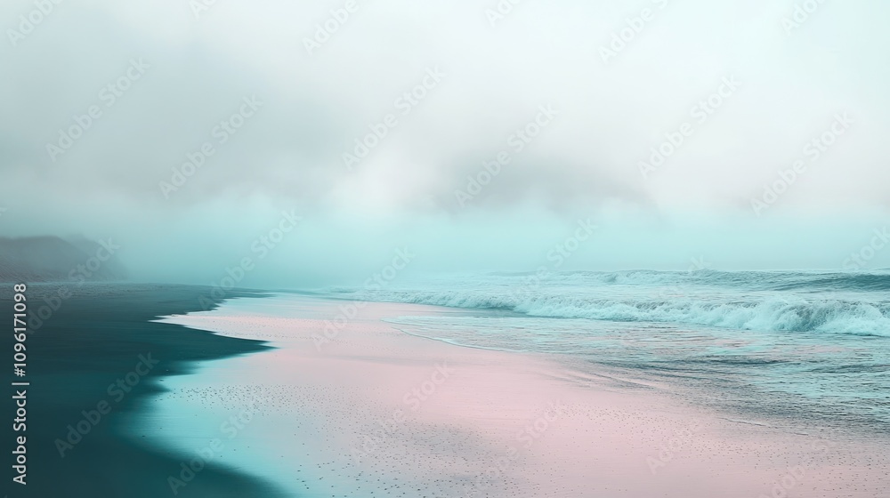 Tranquil beach scene with soft teal sand and gentle pink water under a misty atmosphere, offering a soothing and spacious backdrop for text. Tranquil beach scene with soft teal sand and gentle pink water under a misty atmosphere, offering a soothing and spacious backdrop for text.