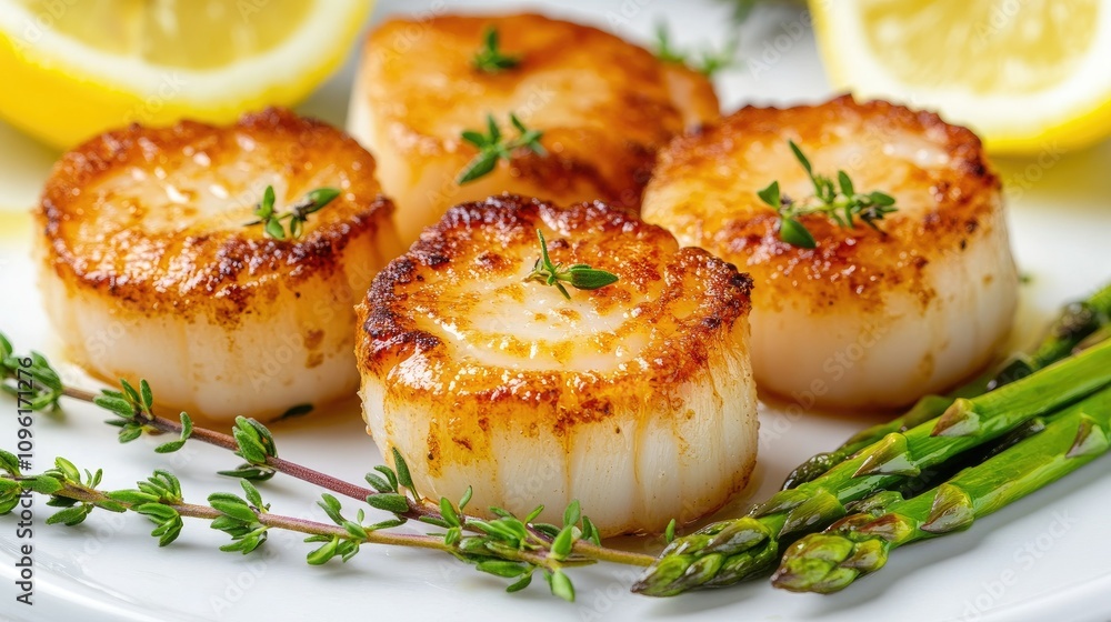 Pan-Seared Scallops with Fresh Herbs and Lemon Garnish Pan-Seared Scallops with Fresh Herbs and Lemon Garnish