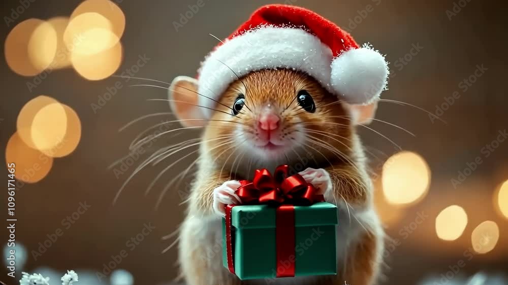 Adorable mouse in santa hat holding a holiday gift against festive lights backdrop Adorable mouse in santa hat holding a holiday gift against festive lights backdrop