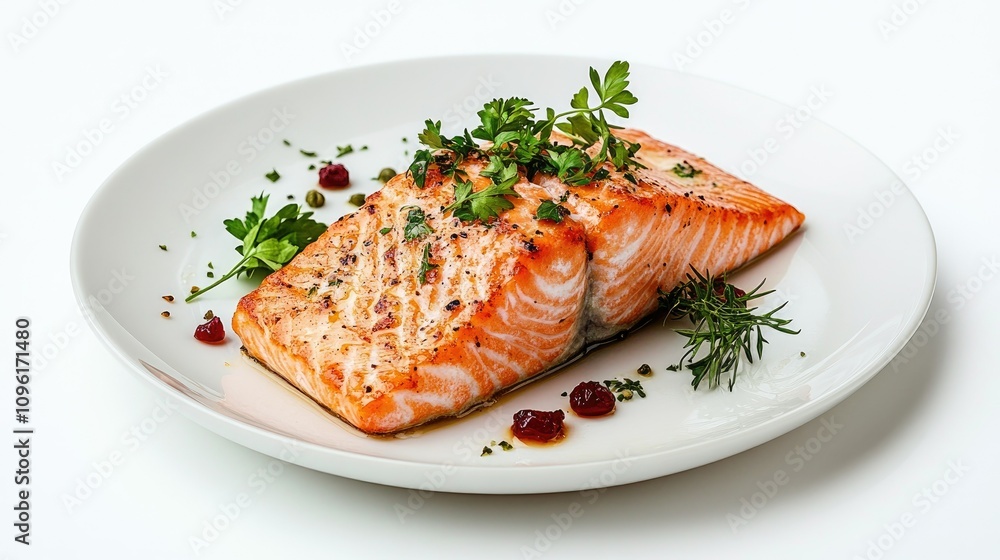 Grilled Salmon Fillet on Plate with Herbs and Sauce Garnish Grilled Salmon Fillet on Plate with Herbs and Sauce Garnish