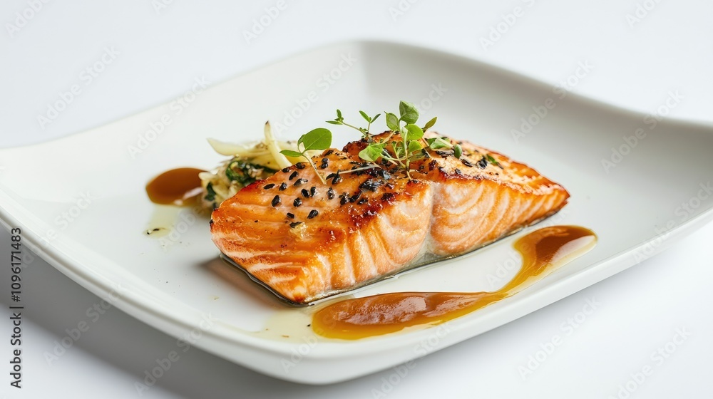Grilled Salmon Fillet with Herbs and Sauce on Elegant Plate Grilled Salmon Fillet with Herbs and Sauce on Elegant Plate