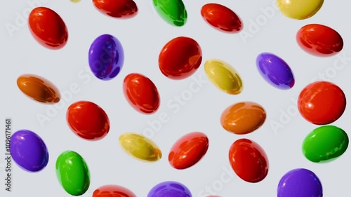 3D animation of vibrant, colorful, round candies smoothly falling through a white background. photo