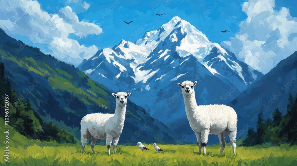 Naklejka premium Two Llamas Standing in Lush Green Field with Majestic Snow-Capped Mountains Under Clear Blue Sky and Birds Flying Above in Scenic Landscape