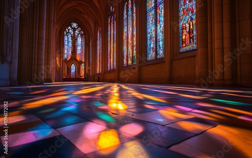 Stained glass window with light rays streaming through, colorful patterns on the floor and walls of an ancient cathedral, religious architecture, background, Catholic content, inside the temple