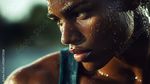 Close up Beauty portrait of african american woman with clean healthy dark skin on neutral background. Smiling dreamy beautiful afro haitstyle girl. Curly black hair. photo