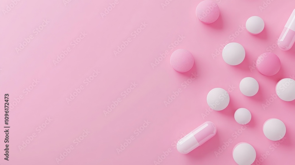 Collection of white and pink pills and capsules arranged on a soft pink background, symbolizing women's health, weight loss, and hormonal balance. Collection of white and pink pills and capsules arranged on a soft pink background, symbolizing women's health, weight loss, and hormonal balance.