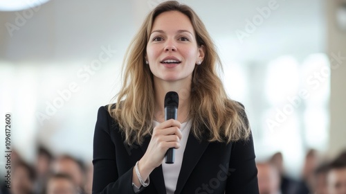 A confident speaker stands in front of a large audience, holding a microphone and engaging the crowd with her message.