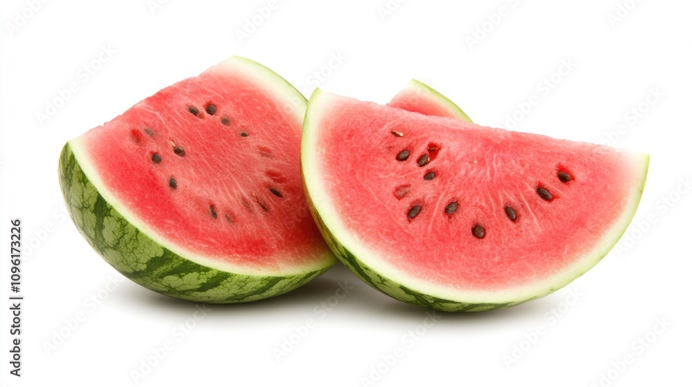 Fresh watermelon slices showcasing vibrant red flesh and dark seeds, arranged beautifully against a clean white background. Fresh watermelon slices showcasing vibrant red flesh and dark seeds, arranged beautifully against a clean white background.