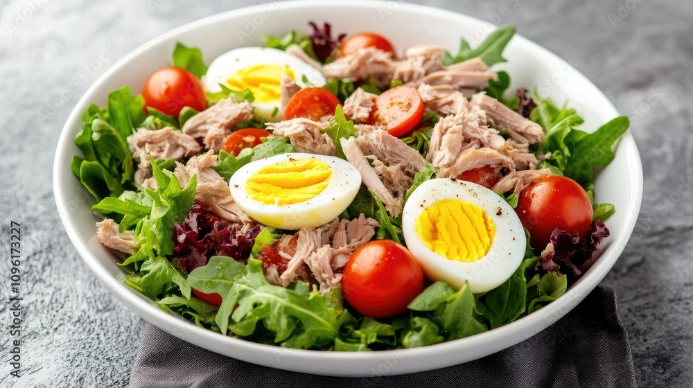 Fresh Mixed Salad with Tuna, Cherry Tomatoes, and Boiled Eggs Fresh Mixed Salad with Tuna, Cherry Tomatoes, and Boiled Eggs