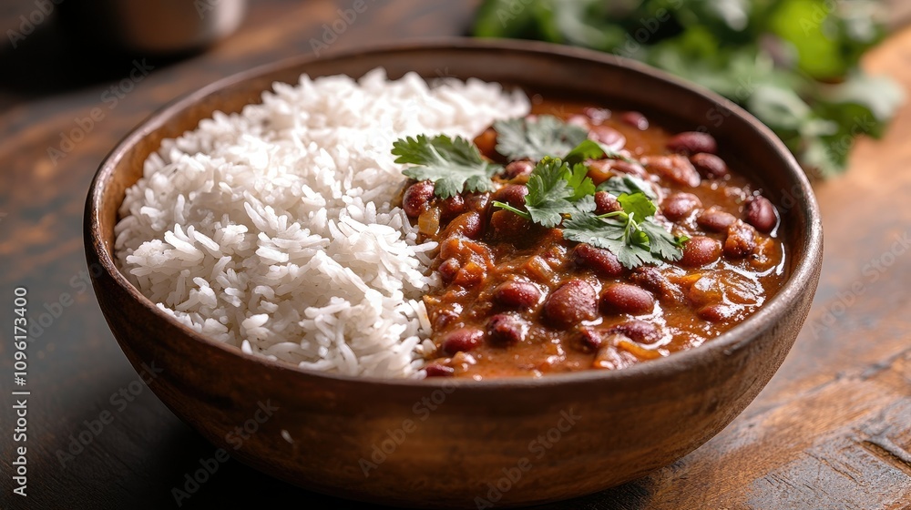 Delicious bowl of rice and bean curry showcasing vibrant colors Delicious bowl of rice and bean curry showcasing vibrant colors