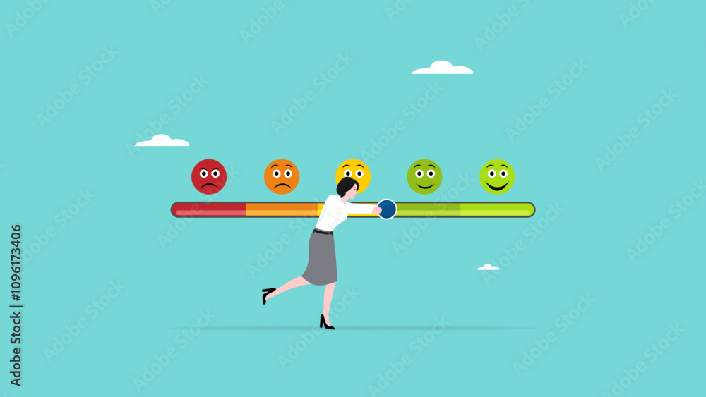 positive feedback, woman trying to push customer feedback bar to be excellent smile, woman trying to push customer feedback bar to be excellent smile positive feedback, woman trying to push customer feedback bar to be excellent smile, woman trying to push customer feedback bar to be excellent smile