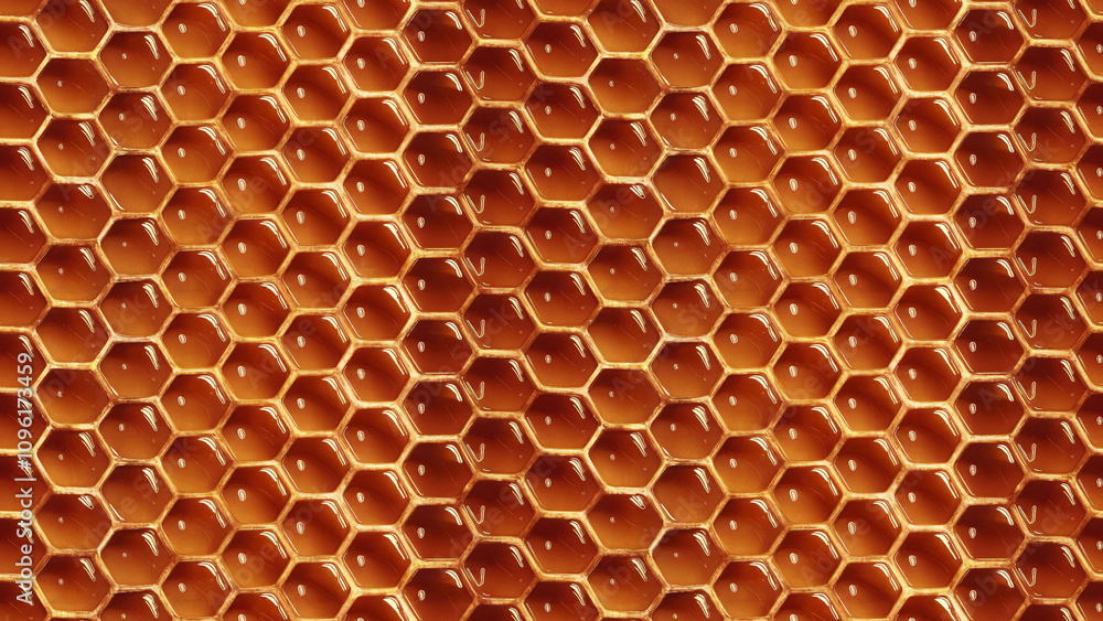 A pattern of a natural honeycomb structure, showcasing perfectly hexagonal cells filled with glistening golden honey A pattern of a natural honeycomb structure, showcasing perfectly hexagonal cells filled with glistening golden honey