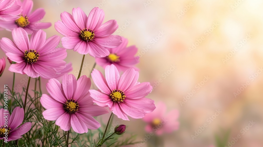 Delicate Pink Cosmos Flowers Blooming in a Soft Blurred Background, Capturing the Essence of Spring Vibrance and Natural Beauty in Full Glory Delicate Pink Cosmos Flowers Blooming in a Soft Blurred Background, Capturing the Essence of Spring Vibrance and Natural Beauty in Full Glory
