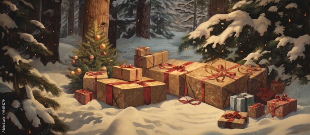 Christmas gifts and toys wrapped in decorative paper nestled under snowy pine branches in a serene winter forest scene Christmas gifts and toys wrapped in decorative paper nestled under snowy pine branches in a serene winter forest scene