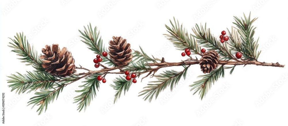 Christmas Tree Branch with Pine Cones and Hawthorn Berries in Holiday Decor Design Christmas Tree Branch with Pine Cones and Hawthorn Berries in Holiday Decor Design