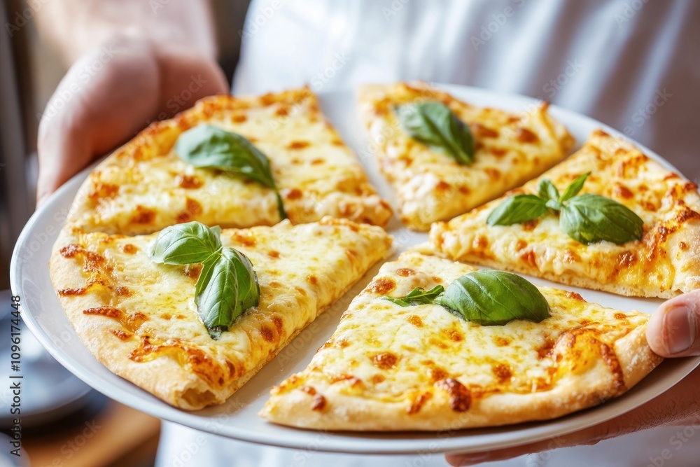 A person holding a plate of pizza slices topped with fresh basil leaves. A person holding a plate of pizza slices topped with fresh basil leaves.