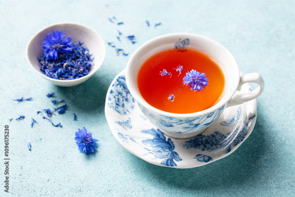 Cup of black tea with flowers. Blue background. Close up. Cup of black tea with flowers. Blue background. Close up.
