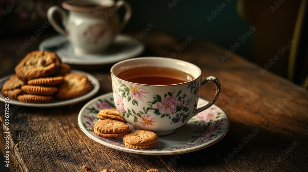Charming Floral Tea Cup with Cookies on Rustic Wooden Table Charming Floral Tea Cup with Cookies on Rustic Wooden Table