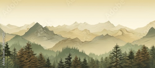 Serene landscape featuring a gradient of mountains and evergreen trees in soft earthy tones perfect for nature-themed projects photo