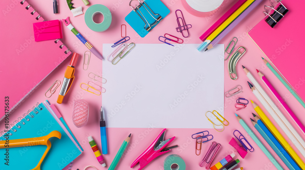 Back to School Concept: Top view photo of notepads, pens, ice cream-shaped sharpeners, rulers, staplers, clips, adhesive tape, markers, and pineapple-shaped erasers on an isolated Back to School Concept: Top view photo of notepads, pens, ice cream-shaped sharpeners, rulers, staplers, clips, adhesive tape, markers, and pineapple-shaped erasers on an isolated