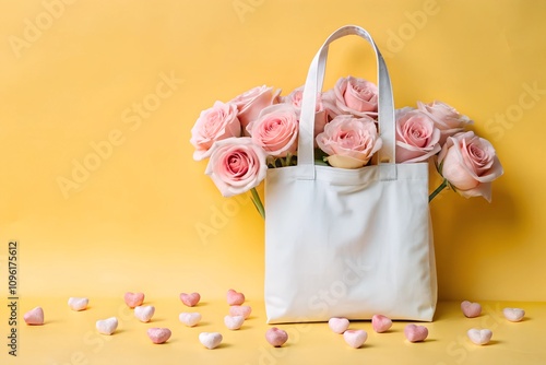 A white tote bag filled with light pink roses, styled against a vibrant yellow background with pastel heart decorations scattered below. Great for bright Valentine’s or wedding mockups.