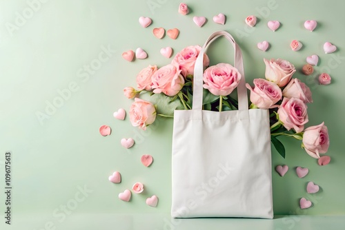  A blank white tote bag with pink roses and scattered pink hearts, styled against a soft green pastel background. Perfect for Valentine’s and wedding-themed designs.