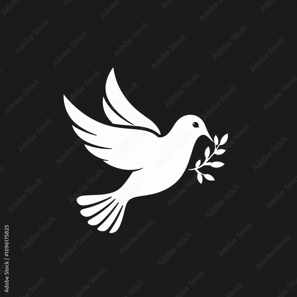 Fototapeta premium solid white icon of a dove with an olive branch in its beak, on a black background, symbol of peace
