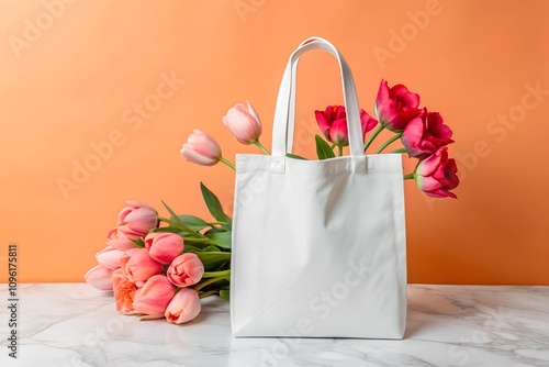 A white canvas tote bag mockup with pink tulips against an orange background. Ideal for Valentine’s Day designs and wedding-themed layouts with a romantic touch.