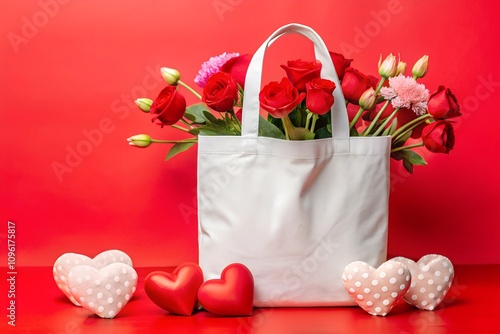 A mockup of a white tote bag with bright red roses and polka dot hearts on a red background. Perfect for Valentine’s Day designs and wedding decorations.