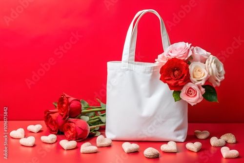 White tote bag mockup surrounded by red and pink roses with heart-shaped decorations. A stunning Valentine’s Day or wedding-themed design template.