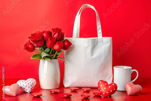 A mockup of a white tote bag with roses, a white mug, and decorative hearts on a red background. Ideal for Valentine’s Day or wedding gift designs.