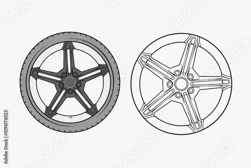 2d illustration of rims. Outline vector image set. Front view of wheels.
