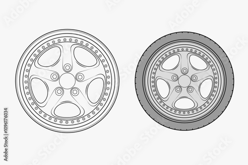 2d illustration of rims. Outline vector image set. Front view of wheels.