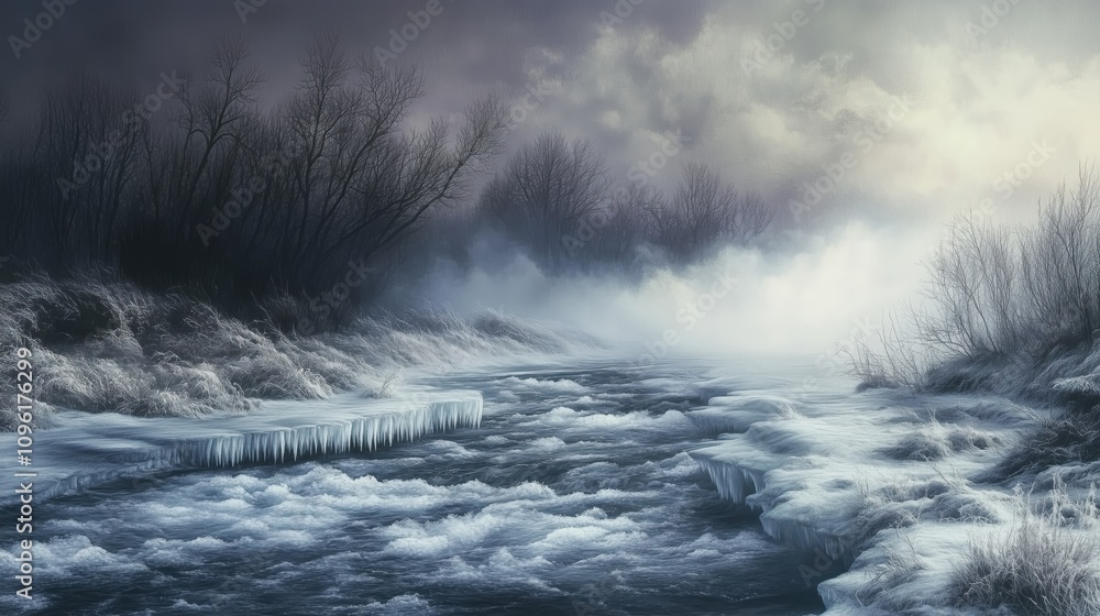 Obraz premium Stürmischer Winterfluss mit düsterem Himmel