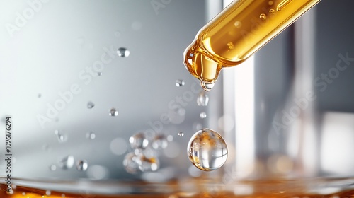 Wallpaper Mural Close-Up of a Dropper Releasing a Golden Oil Liquid into a Clear Glass Container with Bubbles and Reflective Surface for Beauty and Wellness Concept Torontodigital.ca