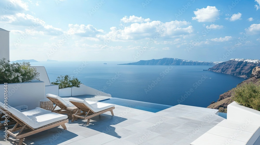 Obraz premium Scenic View of Luxurious Poolside Overlooking Caldera in Santorini