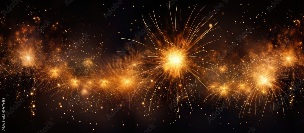 Fototapeta premium Festive golden sparkler fireworks illuminating a dark backdrop creating a vibrant celebration atmosphere with sparkling light effects.