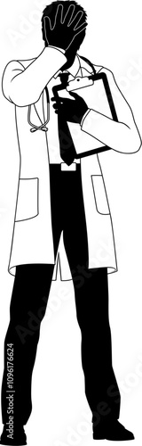Silhouette doctor man stressed or upset medical healthcare person. In a lab coat holding a clipboard.