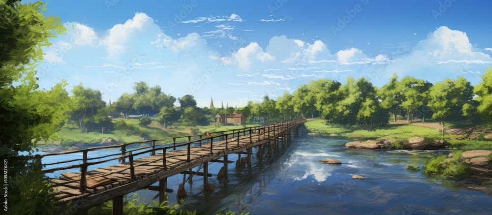 Footbridges spanning a tranquil river under a bright blue sky showcasing lush greenery and scenic natural beauty on a sunny day. Footbridges spanning a tranquil river under a bright blue sky showcasing lush greenery and scenic natural beauty on a sunny day.