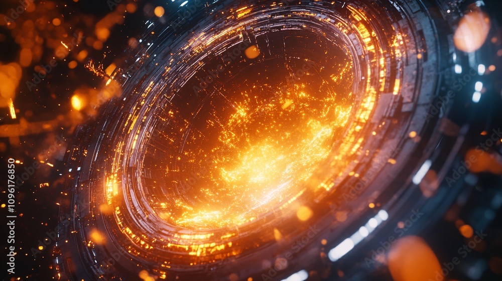 A Stunning Futuristic Abstract Image of a Glowing Circular Portal Surrounded by Dynamic Sparks and Vibrant Particles in a Dark Cosmic Environment A Stunning Futuristic Abstract Image of a Glowing Circular Portal Surrounded by Dynamic Sparks and Vibrant Particles in a Dark Cosmic Environment