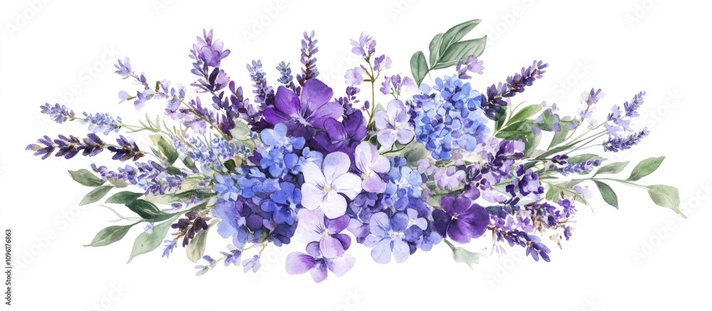Naklejka premium Lavender bouquet with assorted blue and purple flowers and elegant congratulatory inscription for celebrations and special occasions
