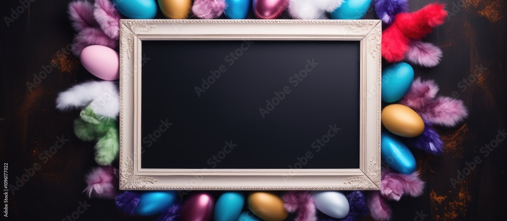 Easter bunny ears and colorful eggs surrounding an empty picture frame on a dark background ideal for holiday promotions and greetings Easter bunny ears and colorful eggs surrounding an empty picture frame on a dark background ideal for holiday promotions and greetings